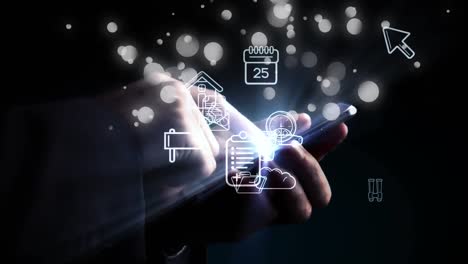 animación de iconos digitales y puntos blancos de luz sobre el hombre usando un teléfono inteligente