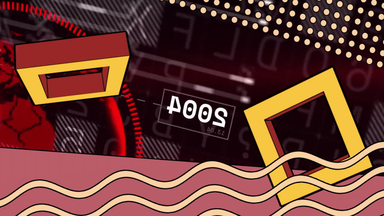 Animation of abstract geometric shapes and wavy lines over digital world map