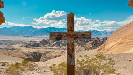 a wooden cross in the middle of a desert landscape