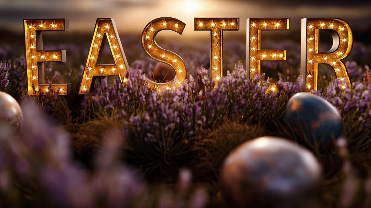 Golden letters glow above purple field. Sun sets behind distant hills. Eggs rest quietly in soft grass. Warm light fills every corner. Ideal for Easter celebrations