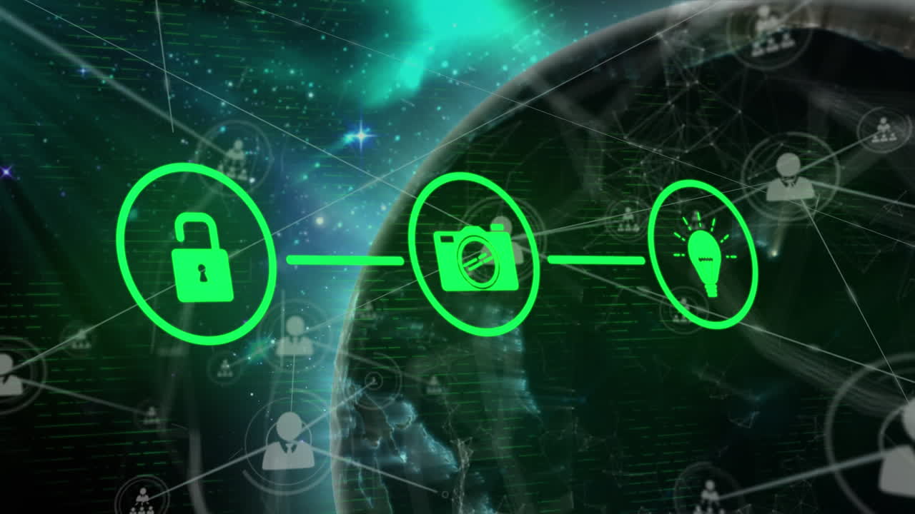 아이콘과 하늘 위의 지구로 연결된 네트워크의 애니메이션