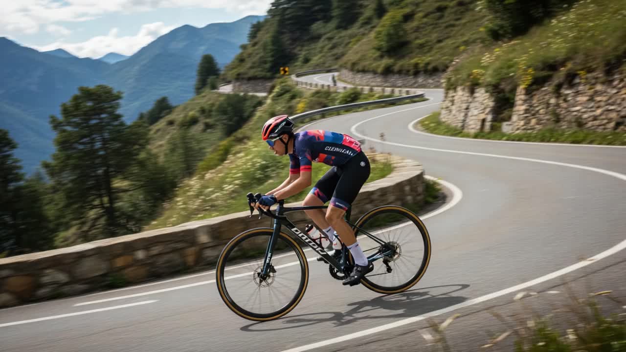 A cyclist rides a road bike on a winding mountain road