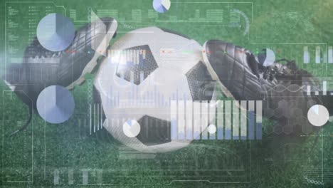 Animation-of-interface-with-data-processing-over-close-up-of-a-football-and-football-cleats-on-grass