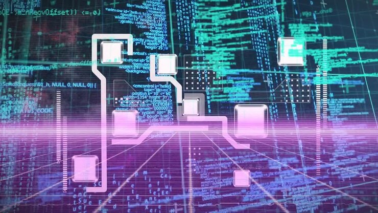 Animation of data processing and media icons on blue background