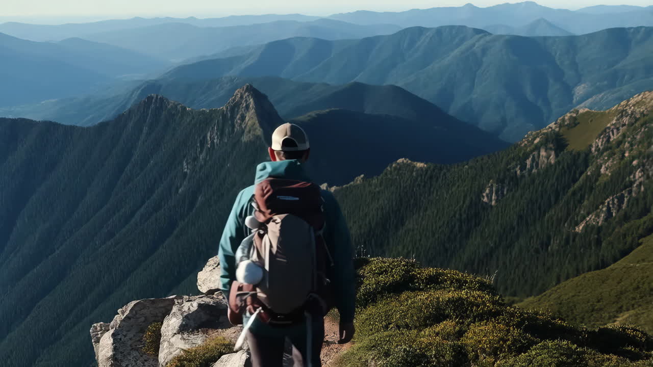 Hiker on a mountain ridge overlooking a vast landscape