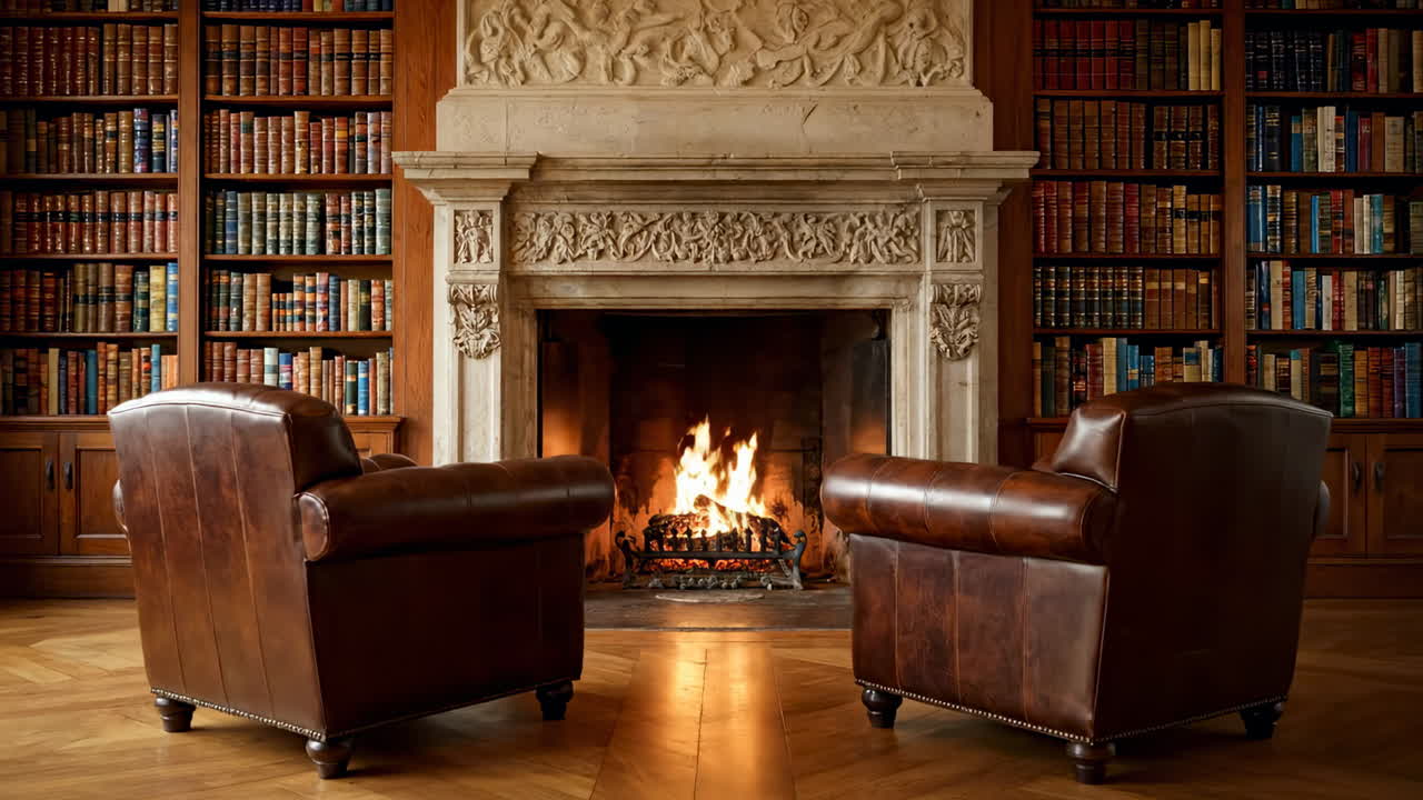 Cozy leather chairs by a warm fireplace. Two leather chairs are positioned near a roaring fireplace in a library setting filled with books