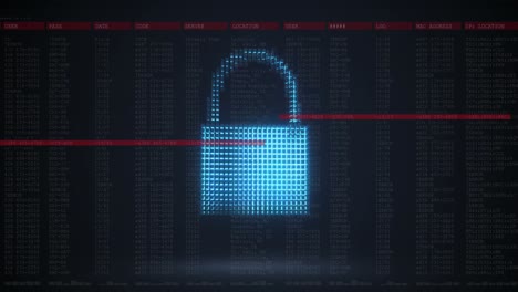 animation of security padlock over data processing on dark background