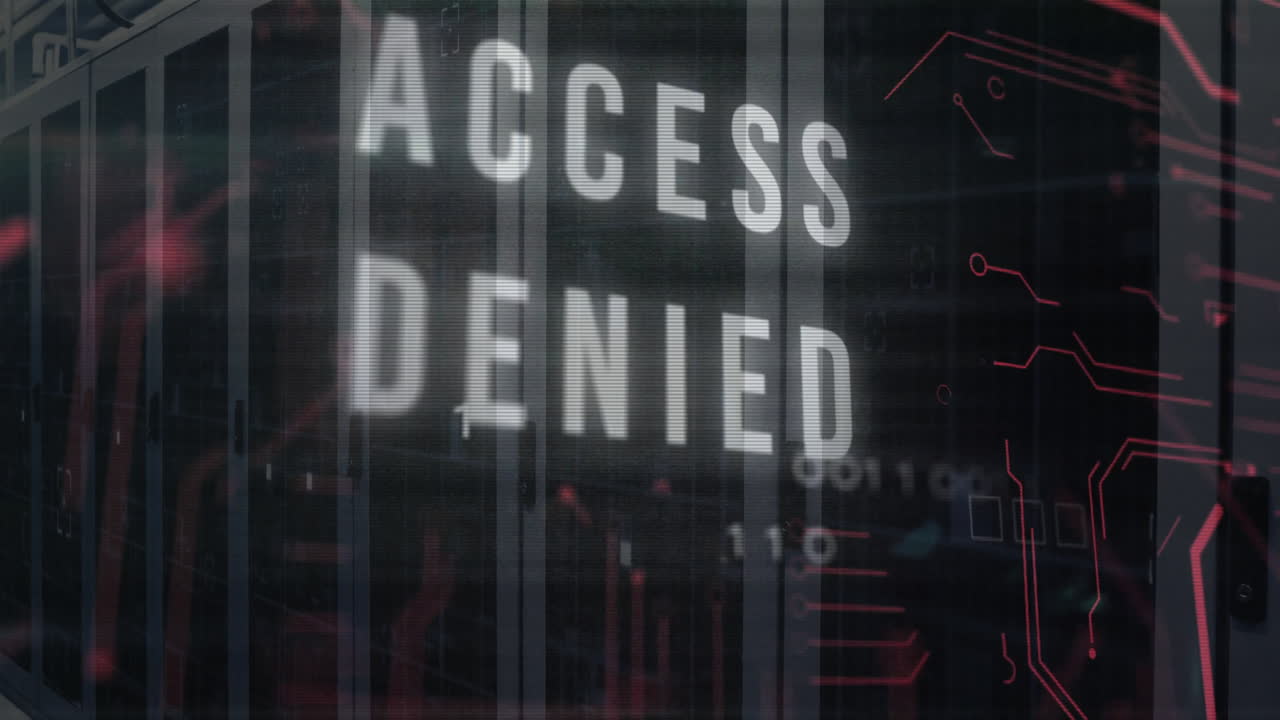 Digital binary code and server racks with Access Denied animation in foreground