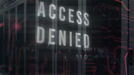 digital binary code and server racks with access denied animation in foreground