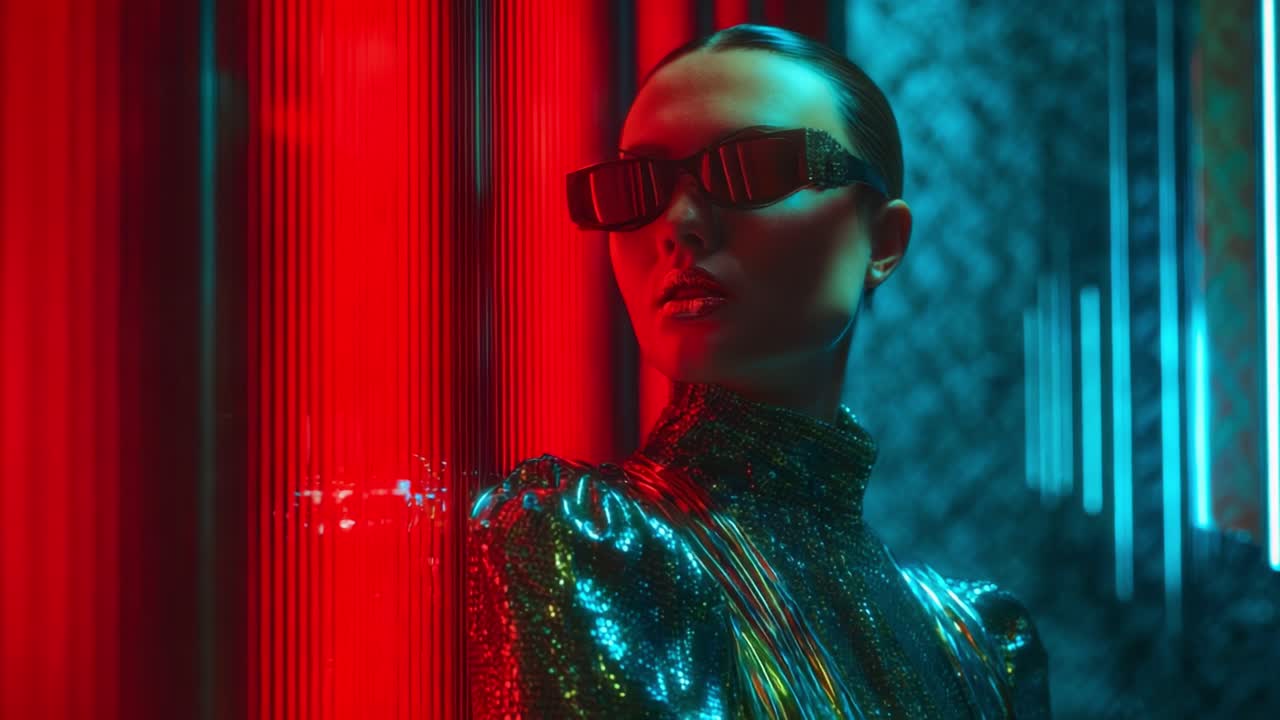 Futuristic Fashion: An Enigmatic Model Captured in Vibrant Neon Lights and Glimmering Textures, Combining High-End Style with a Bold, Edgy Aesthetic in a Stunning Visual Experience