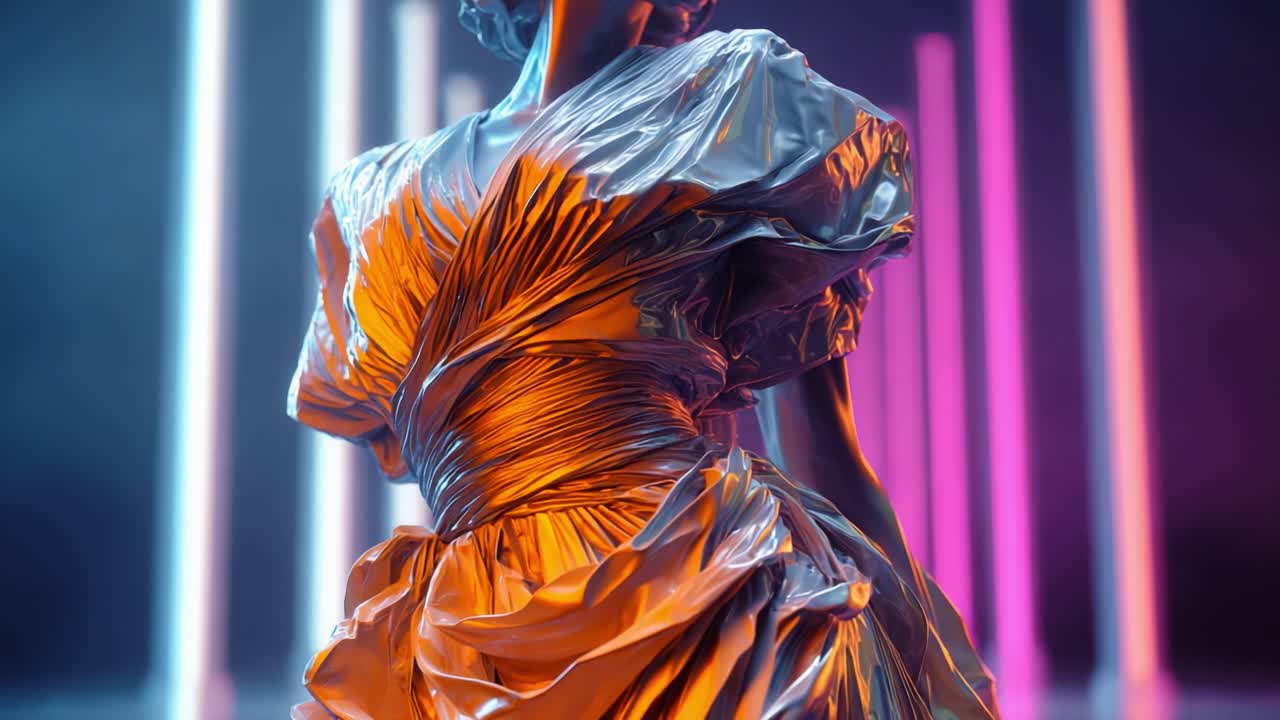 A captivating transformation of a figure draped in luminescent fabric shifts from a sleek silver hue to a bold golden glow, framed by vibrant, dynamic neon lights in a mesmerizing display