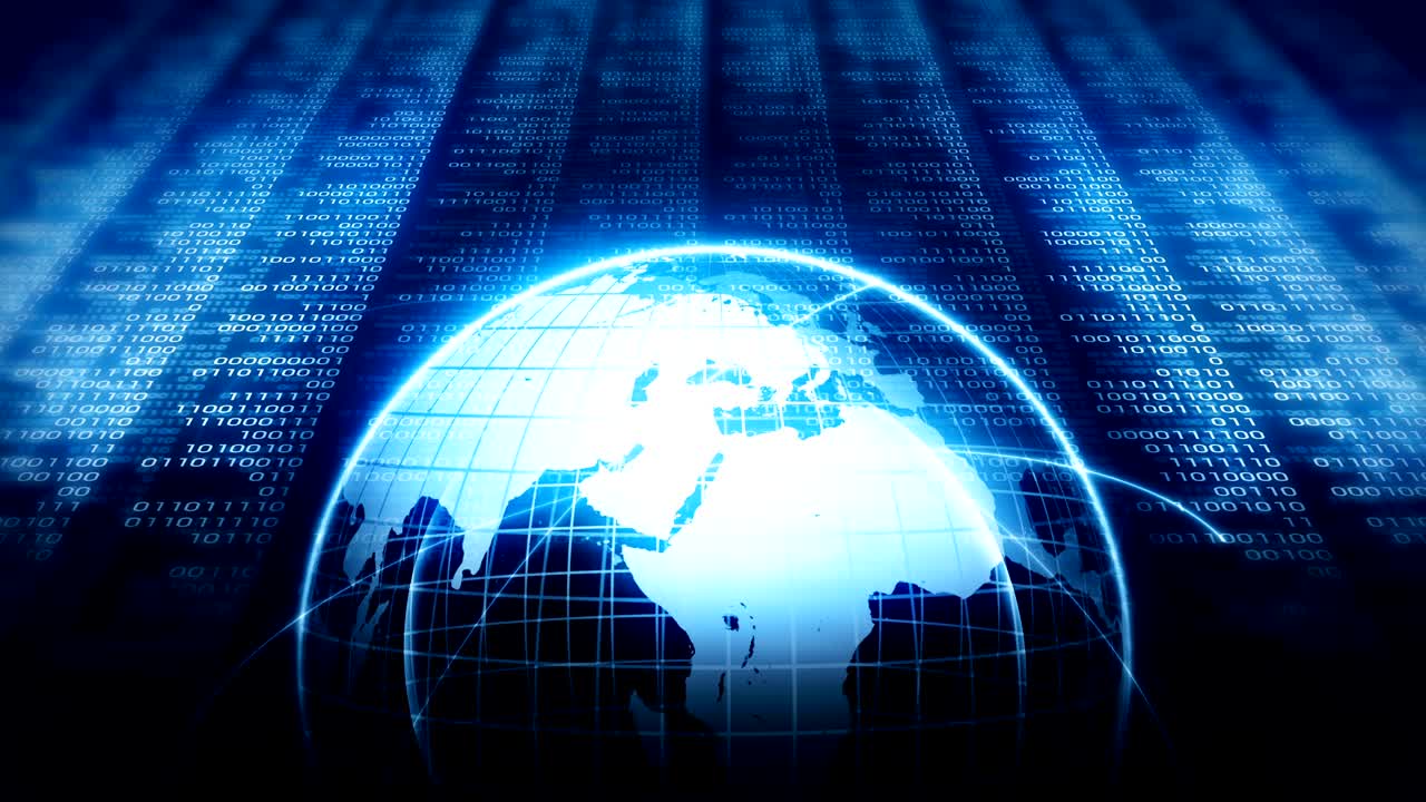 Planet earth with background of binary digits. Binary numbers around global earth. High tech technological loop animation. Number zero and one.