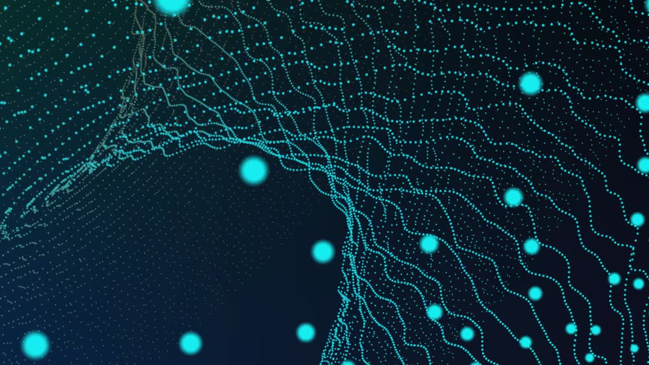 Blue dot particles movement in digital space. Cyan color dot line geometric abstract motion background.