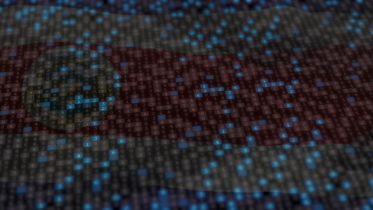 Costa Rican flag textile staying still then revealing glowing binary code spreading simulating scan