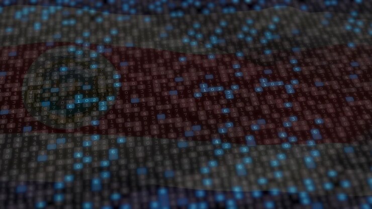 Costa Rican flag textile staying still then revealing glowing binary code spreading simulating scan