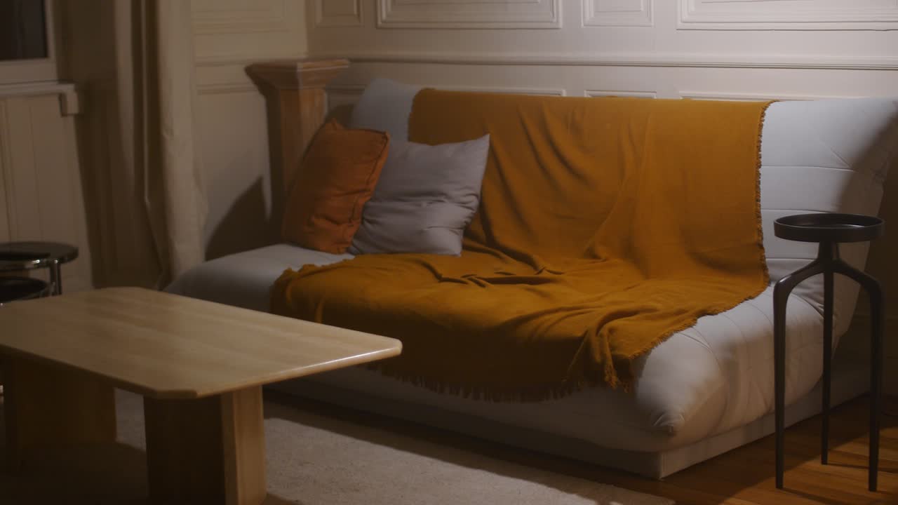 편안한 소파와 저녁에 집,  왼쪽 전망