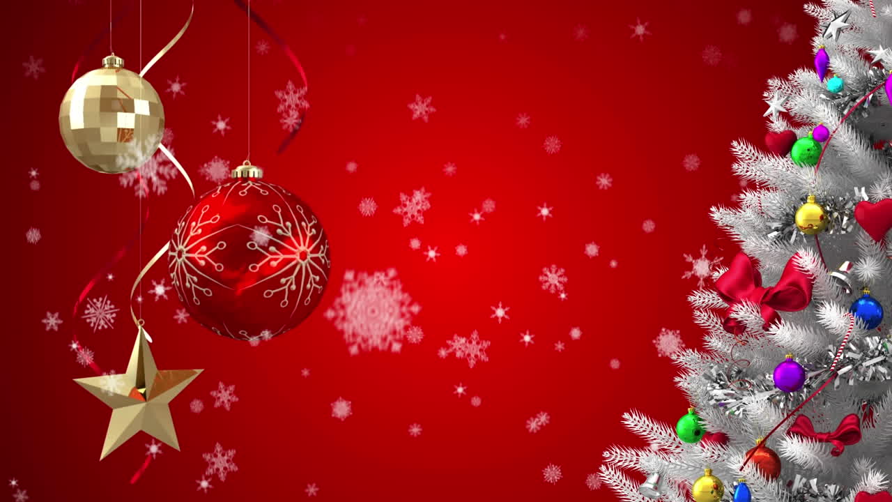 animación de árbol de navidad blanco decorado y bolas, con copos de nieve cayendo en rojo