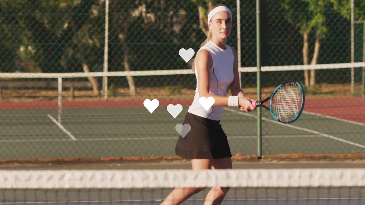 tennis player swinging racket on outdoor court, overlaying animated fitness stats and chart icons