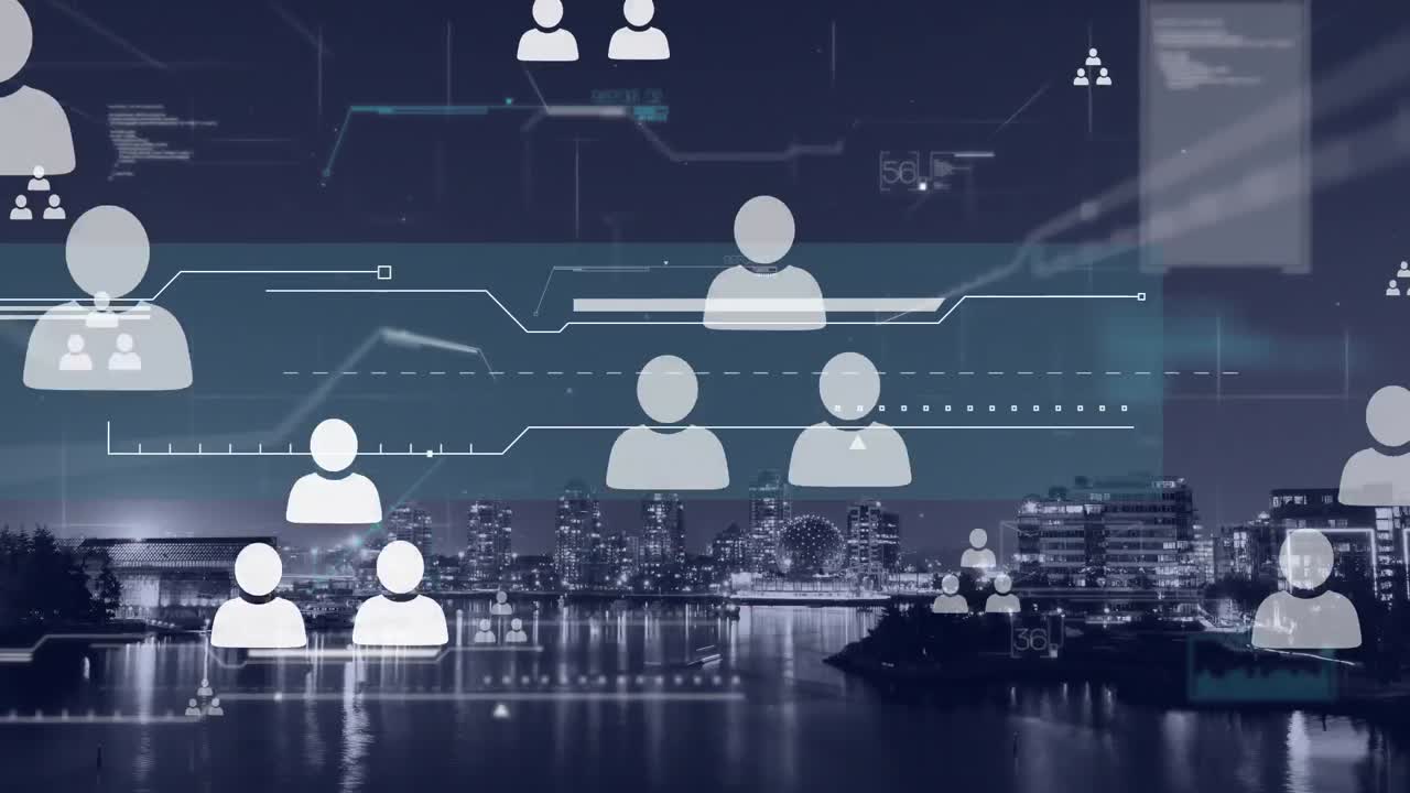 Animación de iconos de grupos de personas y procesamiento de datos sobre un paisaje urbano nocturno