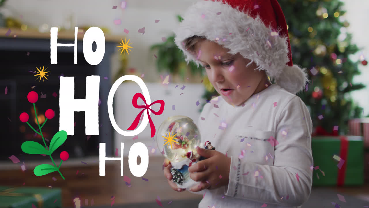animación de navidad ho ho ho texto sobre niño caucásico en sombrero de santa en navidad