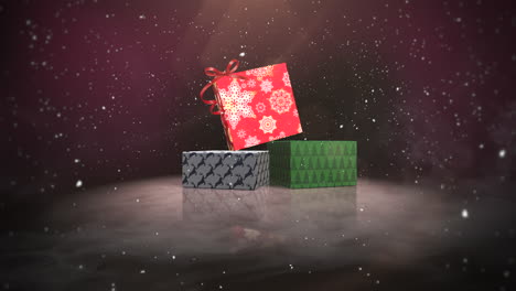 Animated-closeup-Christmas-gift-boxes-on-snow-and-shine-background-1