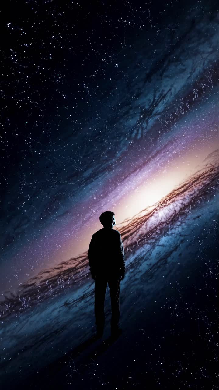 A man in a suit gazes at a galaxy, captured from a low angle. The cosmic scene suggests a sci-fi