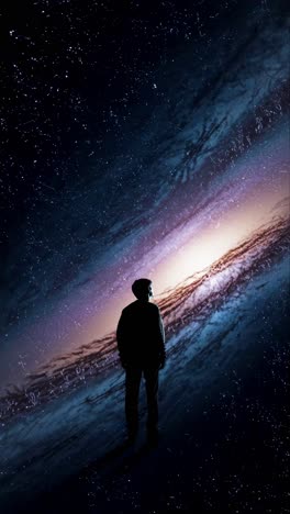 a man in a suit gazes at a galaxy, captured from a low angle. the cosmic scene suggests a sci-fi