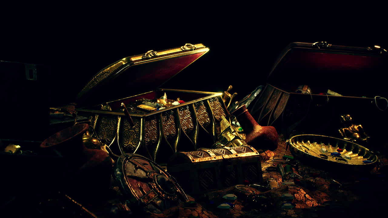 동전, 다이아몬드, 금이 있는 어두운 동굴의 보물