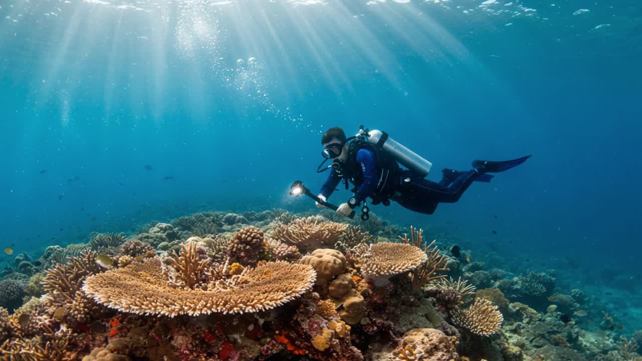 A Diver Explores Vibrant Coral Reefs Under Crystal Clear Waters, Illuminating Marine Life with a Flashlight while Witnessing the Beauty of Underwater Biodiversity