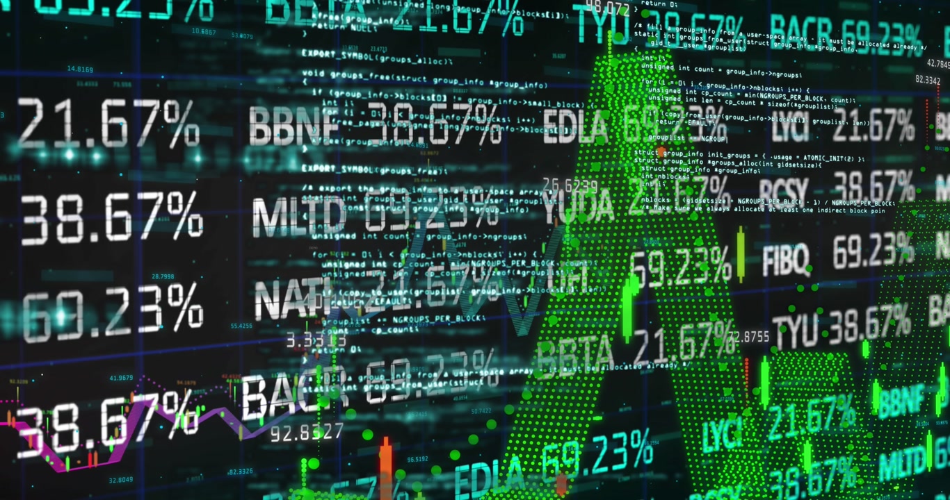 Animation of financial data processing and statistics on black background