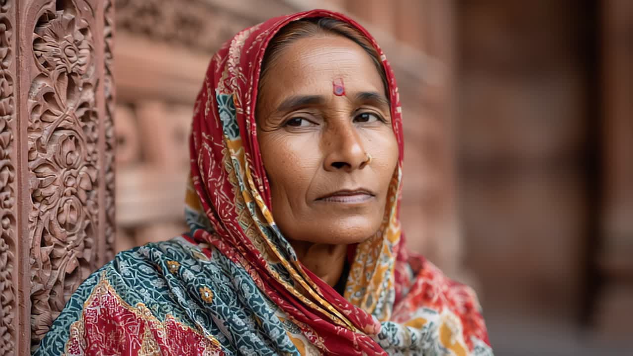 Riprese cinematografiche in primo piano di una donna indiana che indossa un sari fantasia e un foulard con bindi, appoggiata a un muro di pietra intagliato, espressione serena, profondità di campo ridotta.