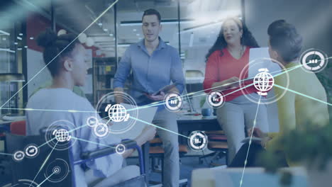 Network of connections and data processing animation over diverse team in office