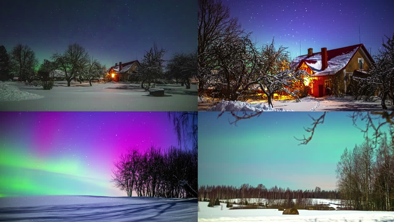 Shot of four split screen of snow covered white winter countryside beside a cottage in timelapse with aurora borealis in the background