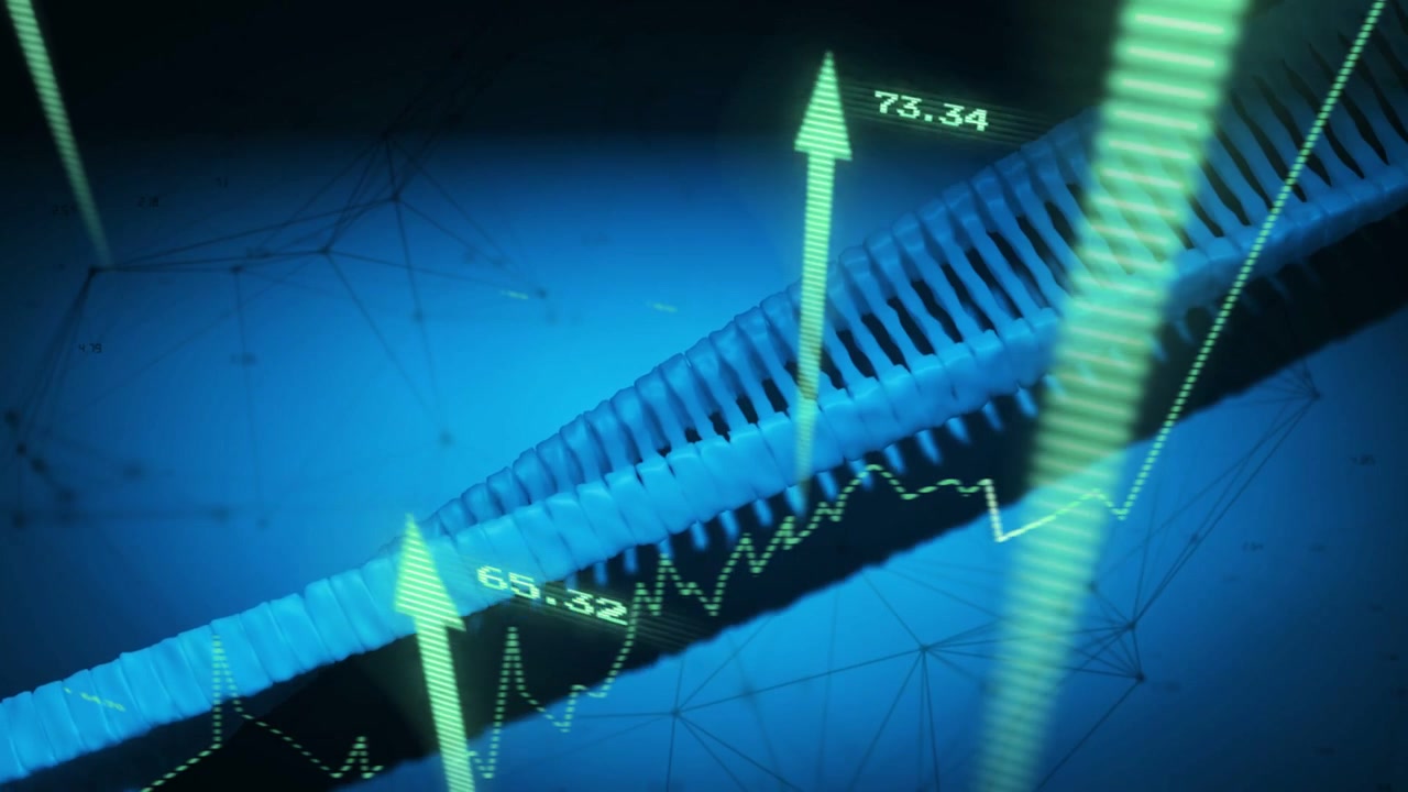 Green chart spiking and moving right spawning arrows while ribbed blue ribbon shifting showing gain