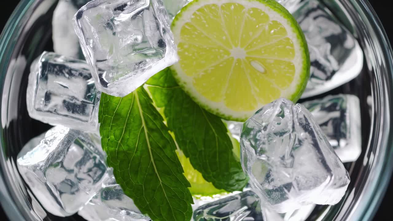 Ice cubes, a slice of lime and mint leaves are combined in a glass bowl, creating a refreshing and flavorful mix, perfect for cocktails or infused water