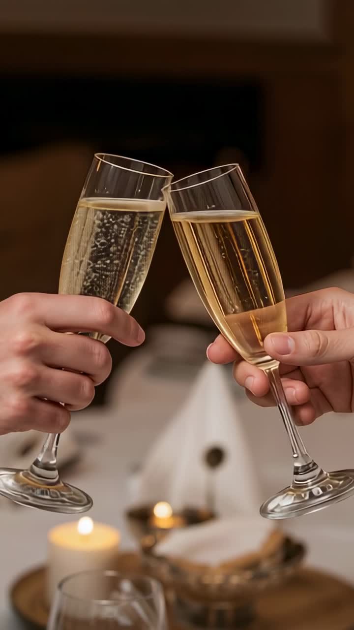Vídeo vertical: flautas que tintinean al chocar las copas, brindis con las manos en una mesa a la luz de las velas, celebración