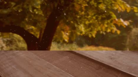 animación digital de niebla blanca cayendo sobre una superficie de madera contra el bosque en el fondo