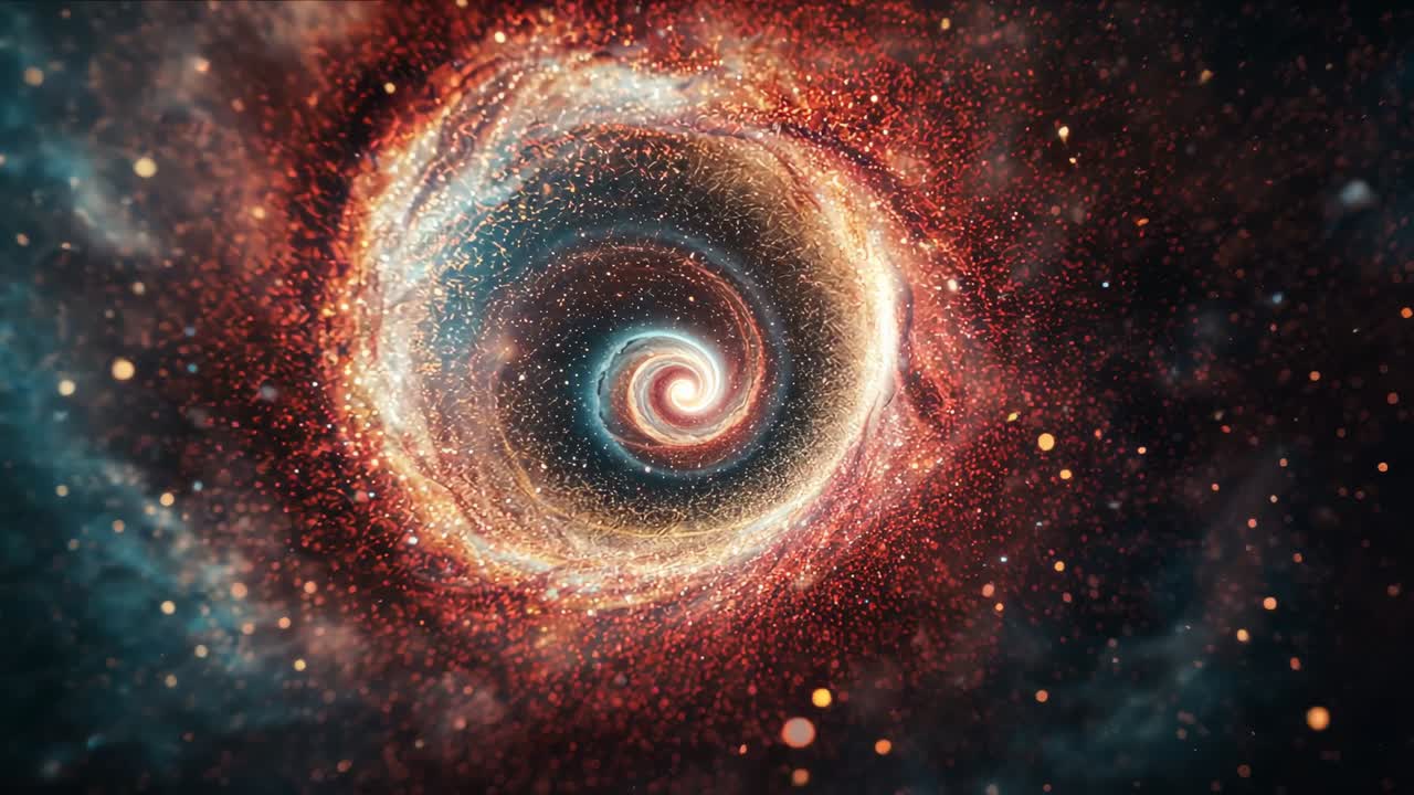 Pulling camera inward, spiral vortex rotating and shifting right in space, showing denser filaments
