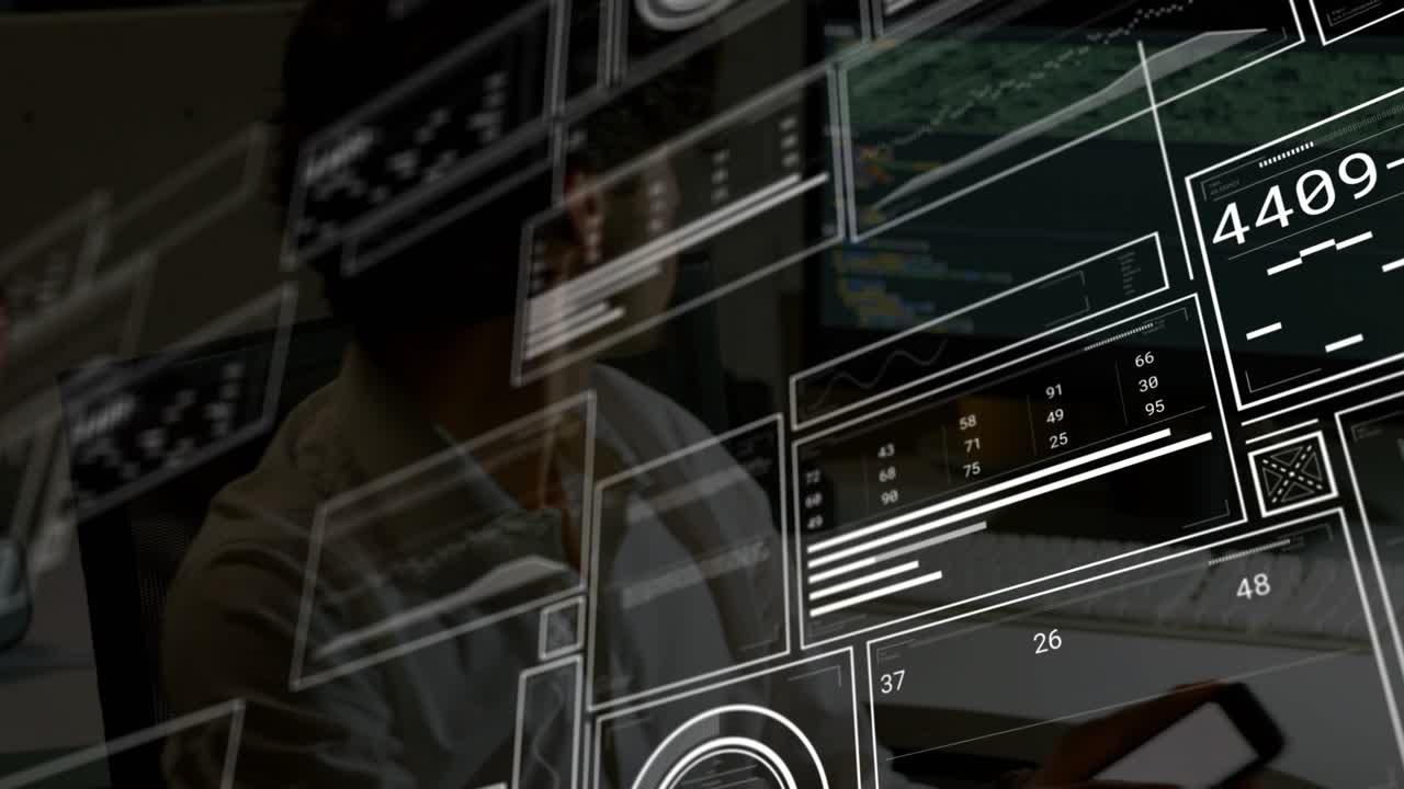 Analyst tapping phone at tech desk, causing data panels sliding over monitors, analyzing dashboards