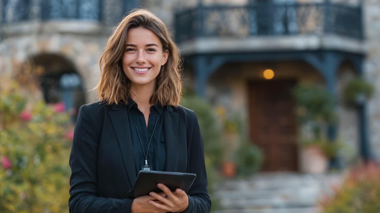 Una donna professionista sicura di sé sorride mentre tiene in mano un tablet di fronte a una splendida casa in pietra, emanando fascino e compostezza in un sereno giardino
