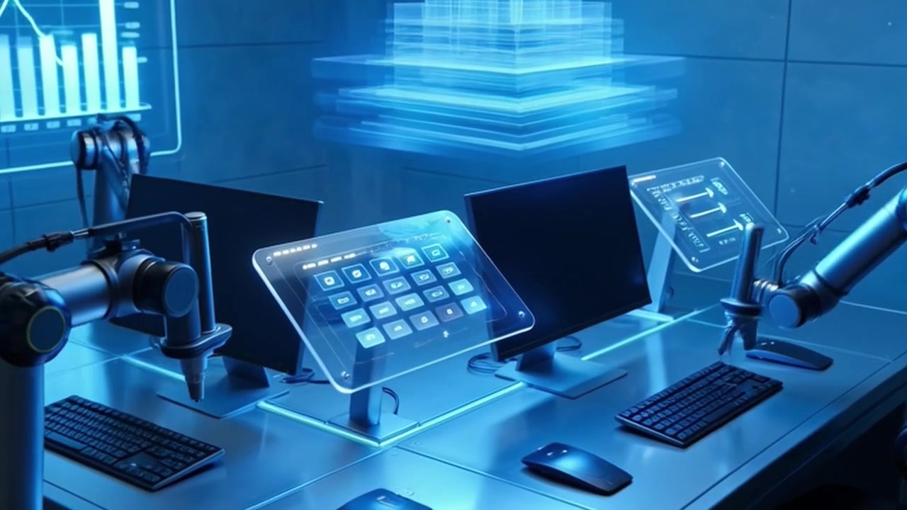 Futuristic Laboratory with Robotic Arms and Holographic Data Displays