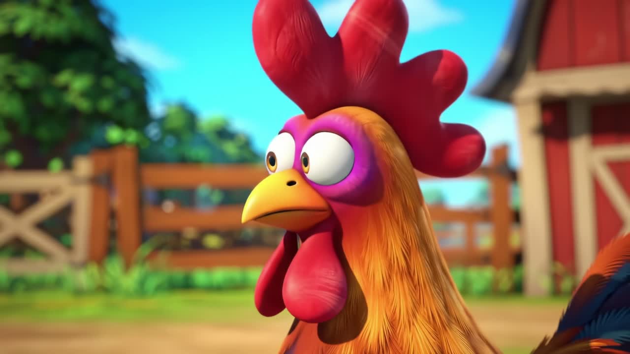 Animated Chicken Character Expressing Surprise in a Colorful Farm Setting with Lush Greenery and a Rustic Barn in the Background