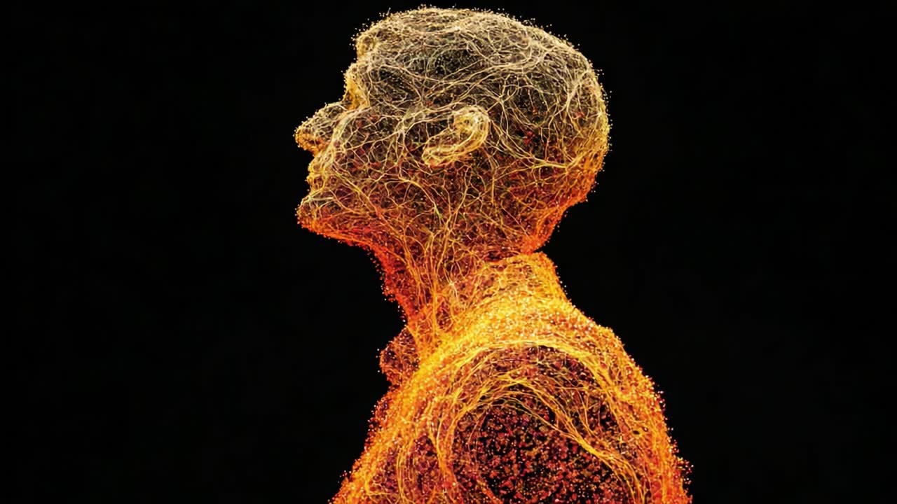 Dynamic Visualization of the Human Form: A Captivating Exploration of Neural and Circulatory Patterns Depicted in Vivid Light and Texture