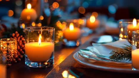 una mesa puesta para una fiesta de cena con velas y platos
