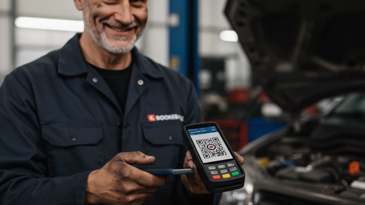 A Skilled Mechanic Smiling While Using a Digital Device to Scan a QR Code for Automotive Diagnostics and Repairs in a Modern Workshop Environment