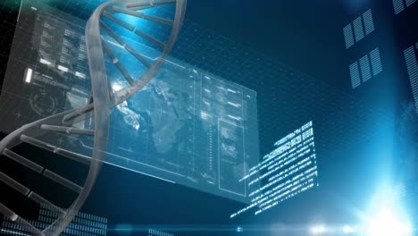 Animation-of-spinning-DNA,-soundwaves-and-earth-map