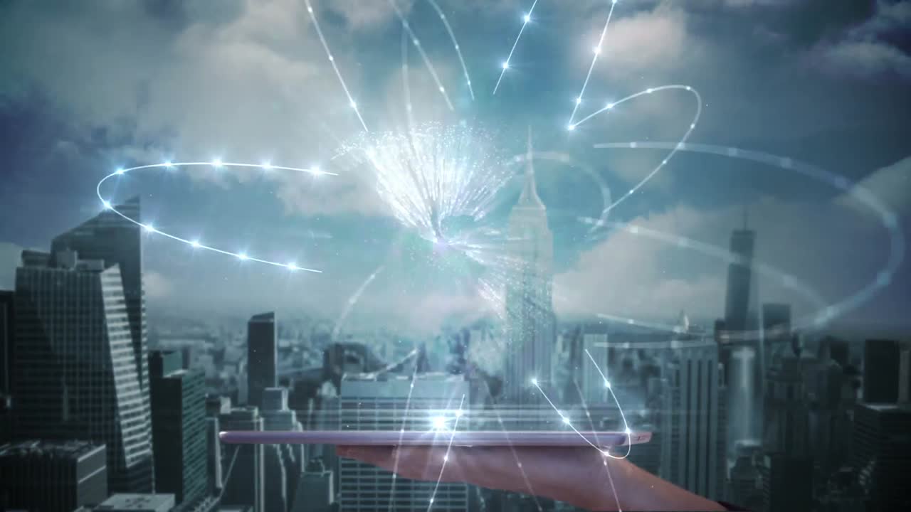 태블릿을 사용하여 홀로그램을 보는 사업가