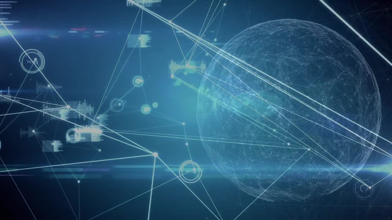 animación de la red de conexiones y el globo sobre fondo oscuro