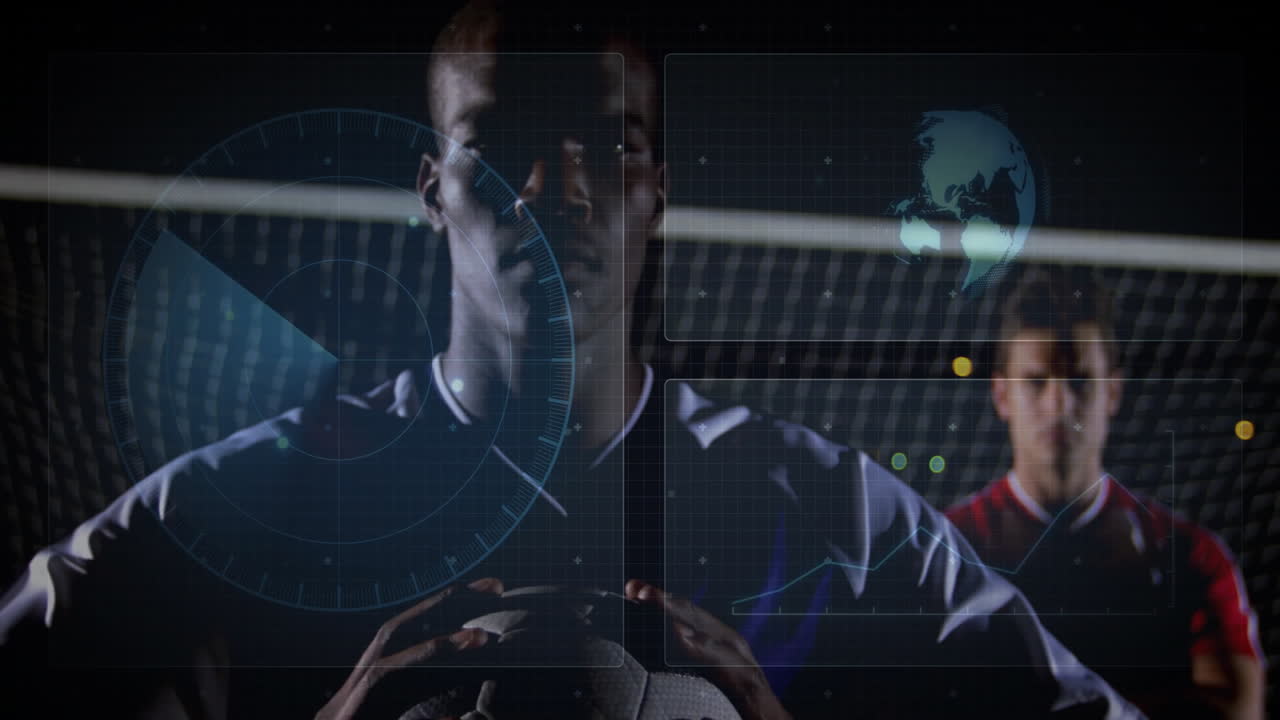 Holding soccer ball, players with digital data and animation in school setting