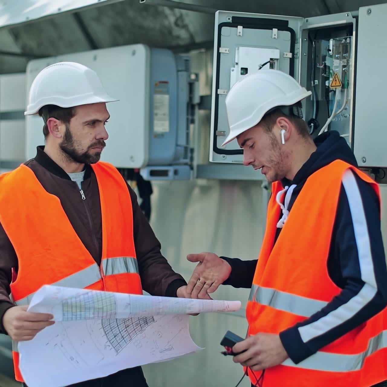 Workers in protective uniform outdoors. Technicians talking about the installation of solar panels on the background of electrical equipment.